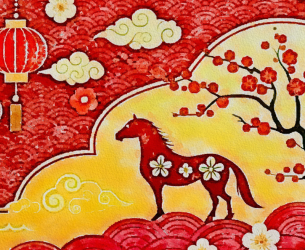 Illustration rouge du Cheval de Feu symbolisant l’année chinoise 2026